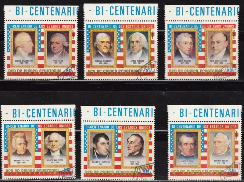 Guinea Ecuatorial Sellos Presidentes 1709 a 1850 Bicentenario Estados Unidos Washington, Adams, Jefferson, Madison, Monroe, Q. Adams, Jackson, Van Buren, Harrison, Tyler, Polk y Z. Taylor Matasello de favor Preobliterado 